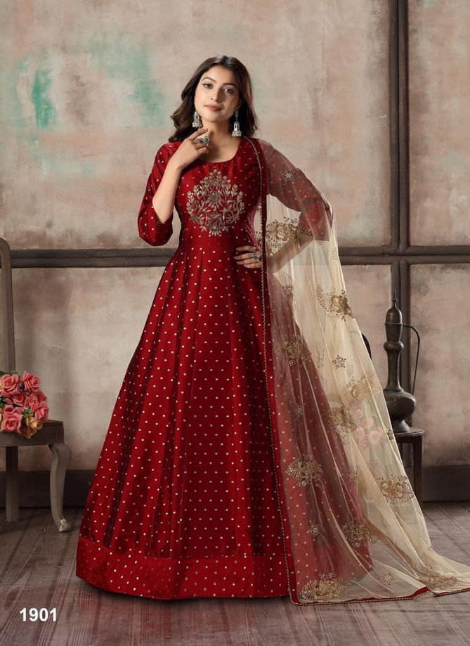 Maroon Twisha Vol 19 Latest Heavy Designer Taffeta Silk Butti Festive Wear Long Gown Collection 1901 