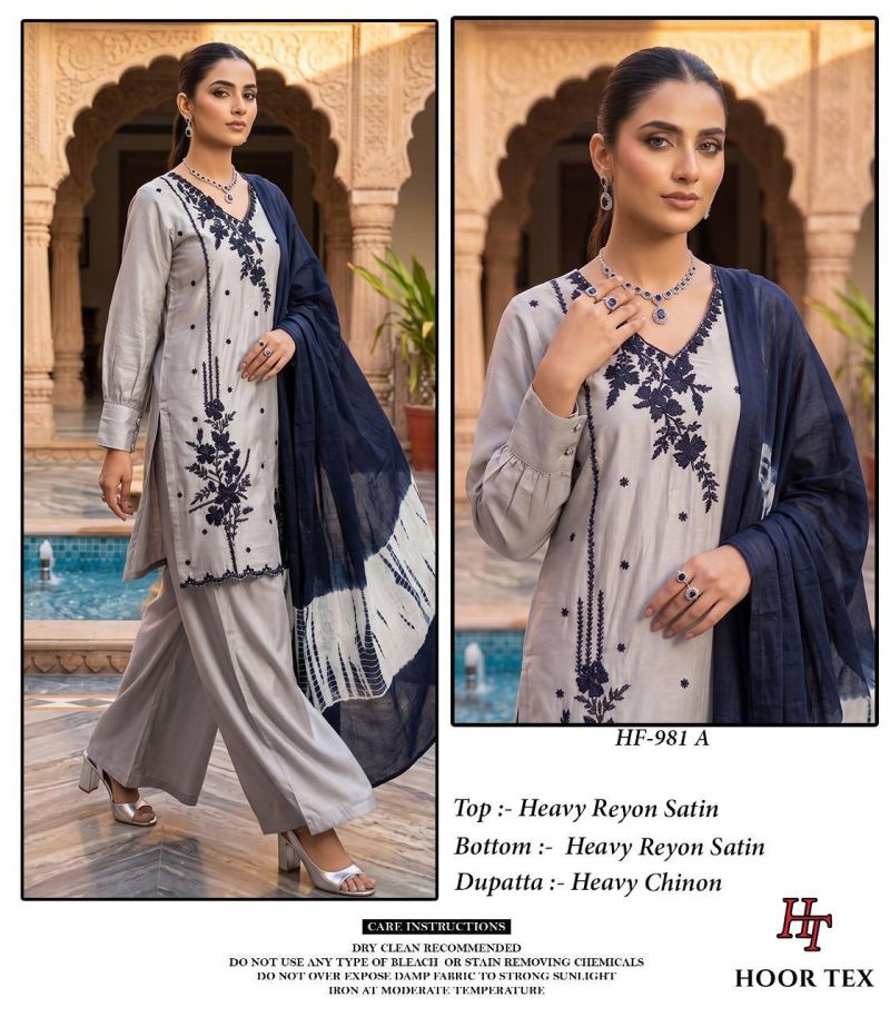 Hoor Tex 981 A To D Rayon Satin Embroidery Salwar Kameez 