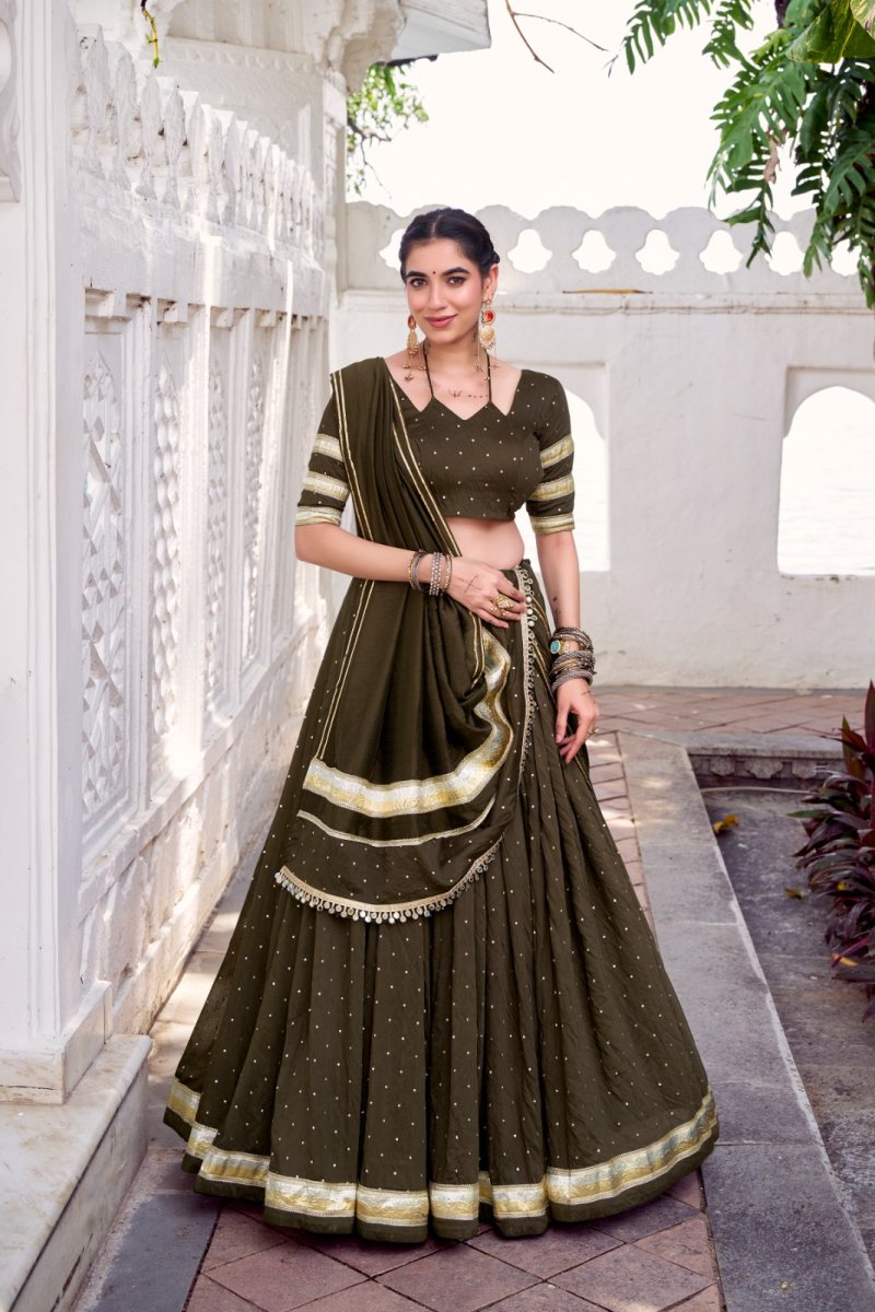 Dark Green Colour Sakhi Pure Chanderi With Zari Weaving Work Lehenga ...