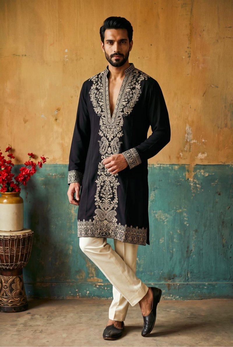 Black Outluk Wedding Vol 54 Heavy Lachaka Mens Kurta With Pajama 5404