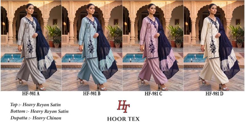 Hoor Tex 981 A To D Rayon Satin Embroidery Salwar Kameez 