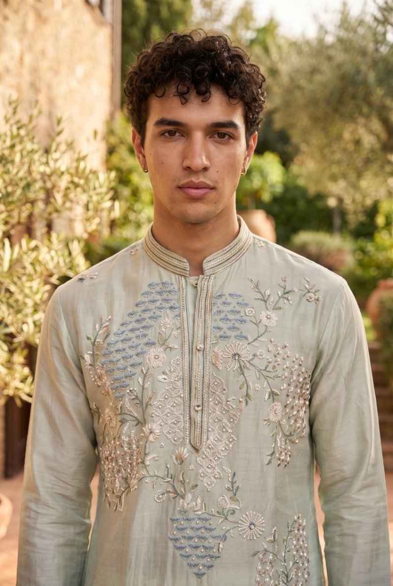 Sky Blue Outluk Wedding Vol 54 Heavy Lachaka Mens Kurta With Pajama 5402