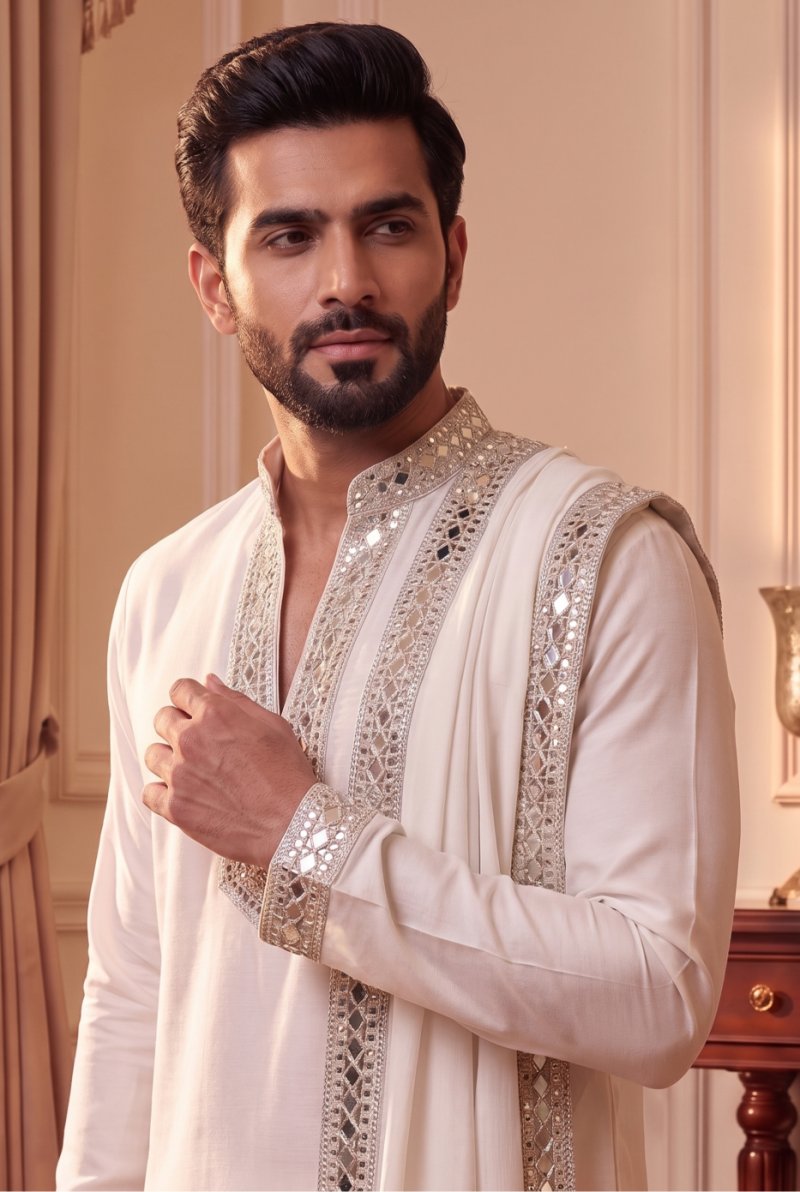 White Outluk Wedding Vol 53 Heavy Lachaka Mens Kurta Pajama With Dupatta W5303