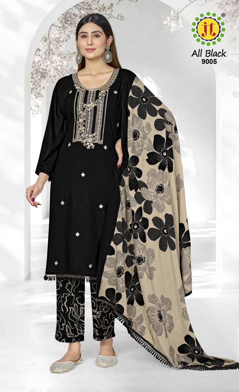 Jt All Black Vol 9 Rayon Embroidered Dress Material Collection - The Ethnic  World