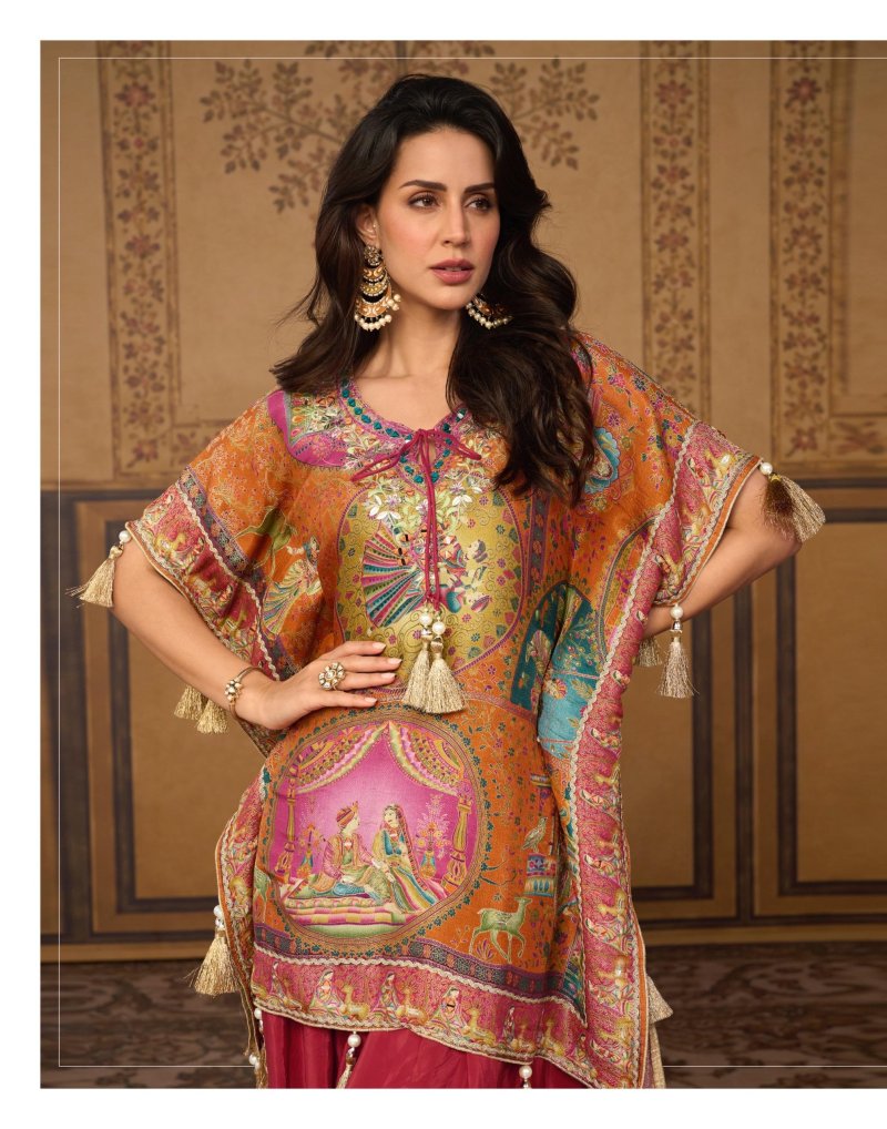 Dori By Sayuri Viscose Position Jacquard Silk Kaftan Top With Bottom
