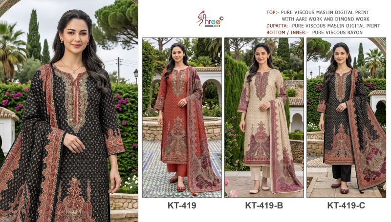 Kt 419 A To C By Shree Viscose Muslin Pakistani Salwar Suits 