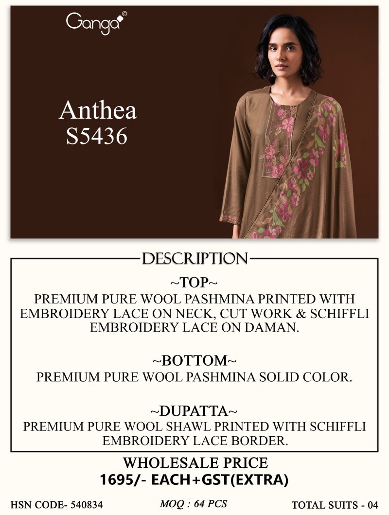 Anthea 5436 By Ganga Wool Pashmina Dress Material
