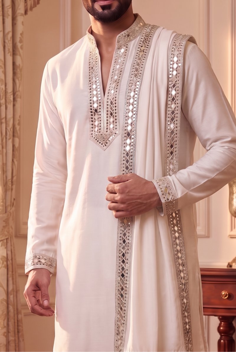 White Outluk Wedding Vol 53 Heavy Lachaka Mens Kurta Pajama With Dupatta W5303
