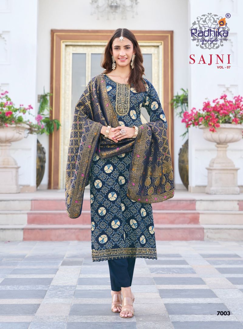 Sajni Vol 7 By Radhika Rayon Printed Kurti With Bottom Dupatta