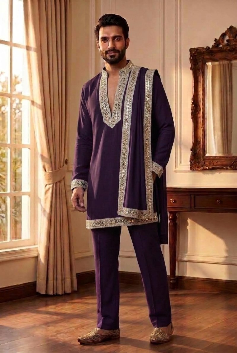 Purple Outluk Wedding Vol 53 Heavy Lachaka Mens Kurta Pajama With Dupatta W5304