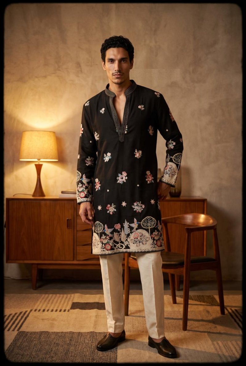Black Outluk Wedding Vol 55 Lachaka Silk Mens Kurta With Pajama 5502