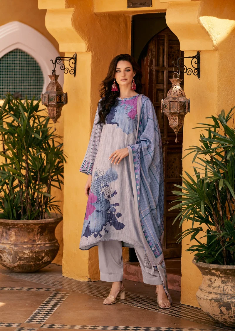 chinese dress ladies Purple Silk Linen Blend Dress Material – Qalbi Couture