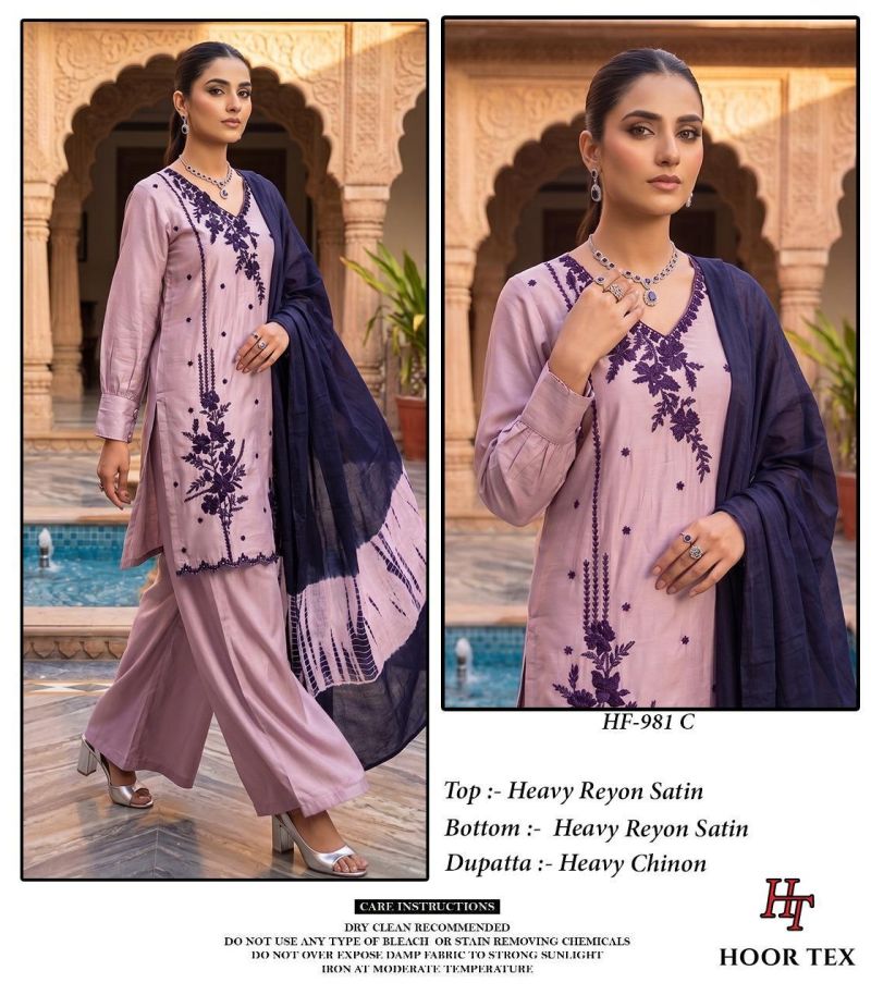 Hoor Tex 981 A To D Rayon Satin Embroidery Salwar Kameez 
