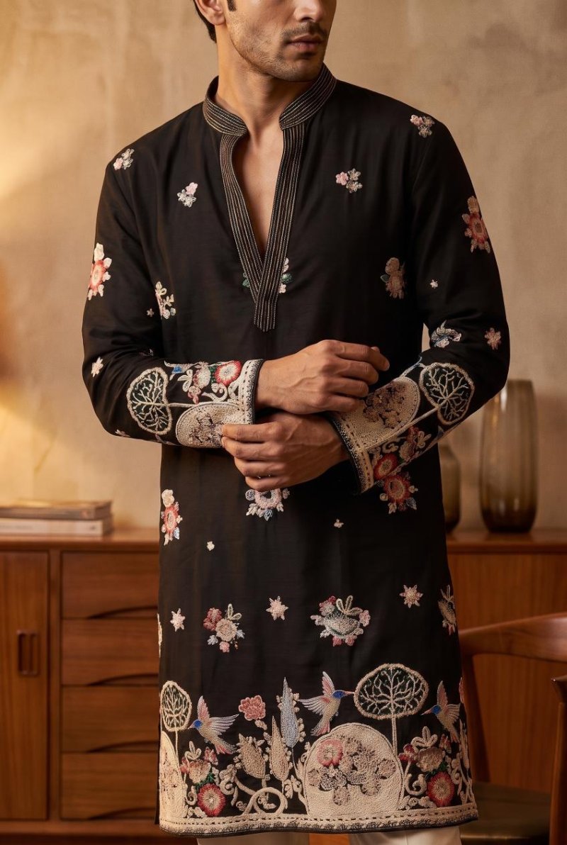 Black Outluk Wedding Vol 55 Lachaka Silk Mens Kurta With Pajama 5502