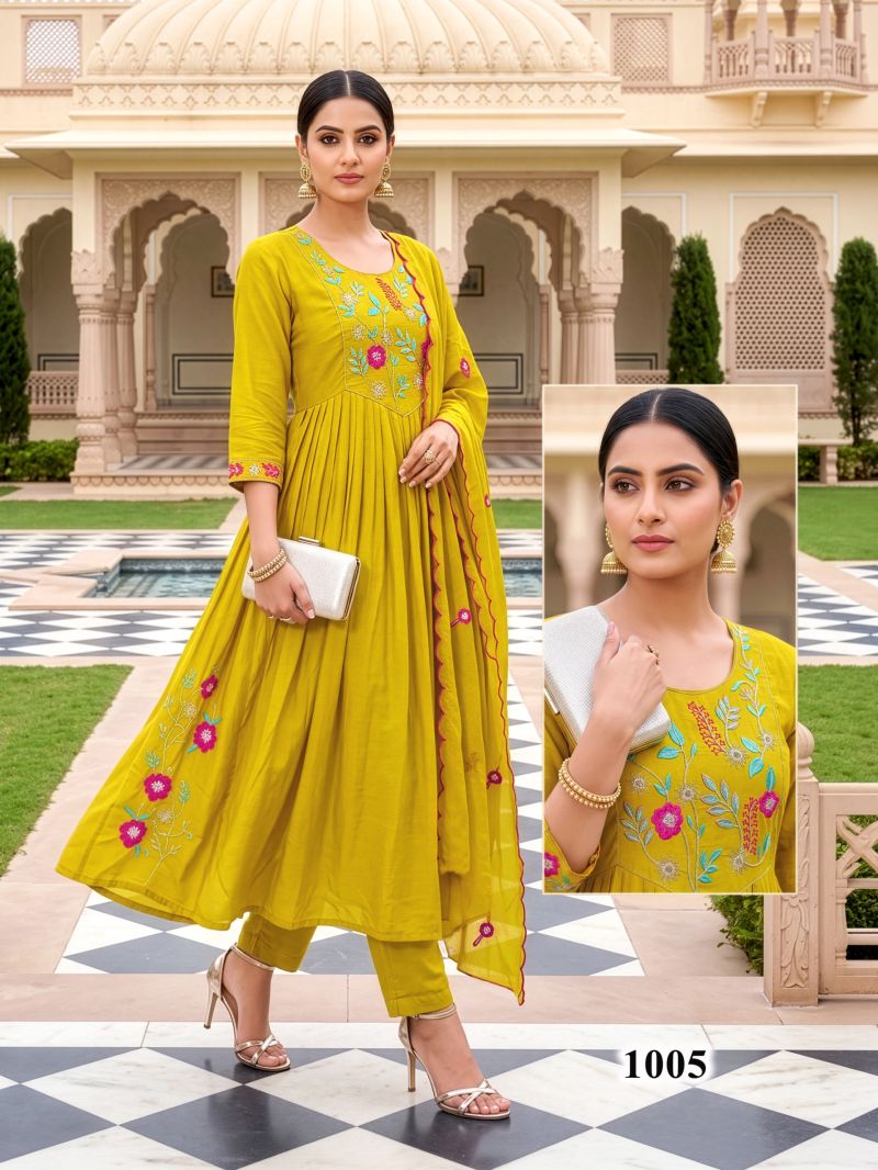 Kalki Vol 3 Mul Chanderi Embroidery Anarkali Kurti Set