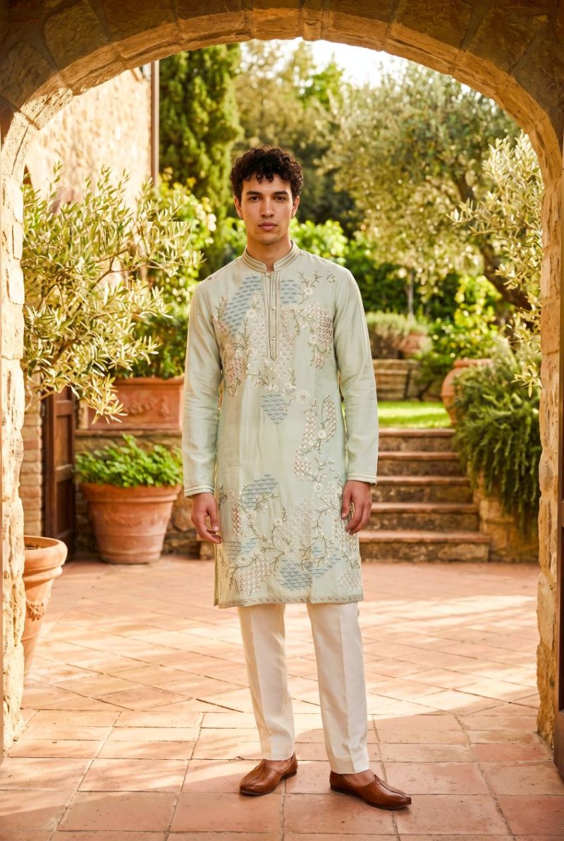 Sky Blue Outluk Wedding Vol 54 Heavy Lachaka Mens Kurta With Pajama 5402