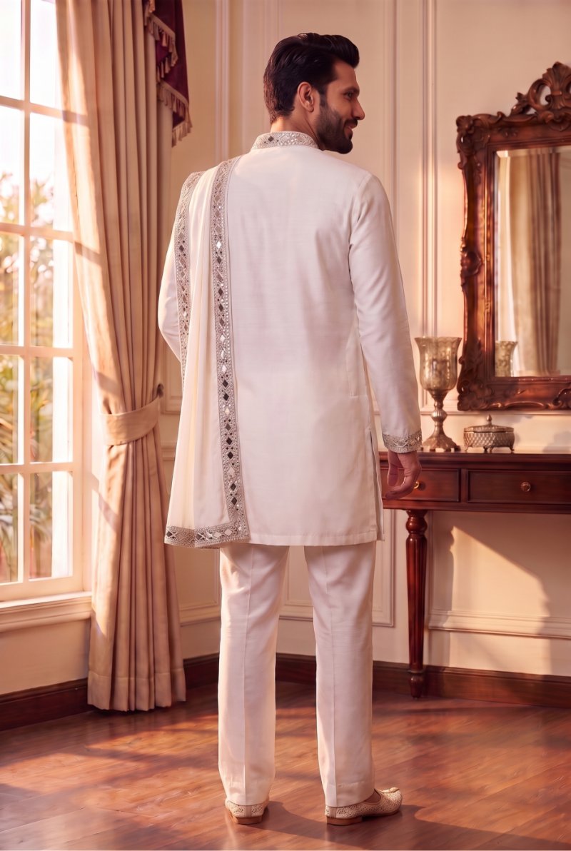 White Outluk Wedding Vol 53 Heavy Lachaka Mens Kurta Pajama With Dupatta W5303