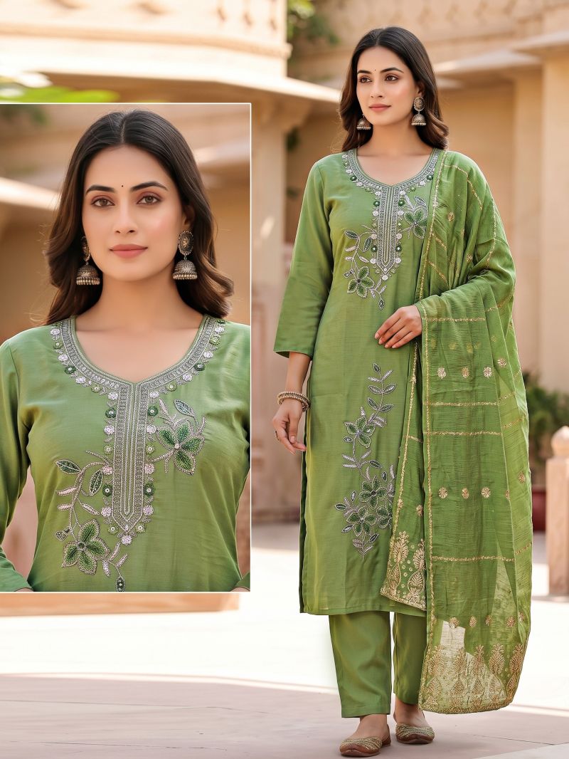 Chiku Combo Mul Chanderi Beads Worked Kurti Set