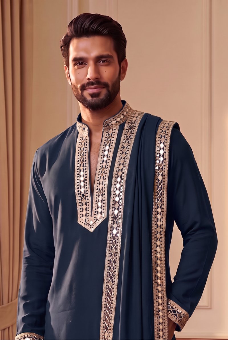 Blue Outluk Wedding Vol 53 Heavy Lachaka Mens Kurta Pajama With Dupatta W5302