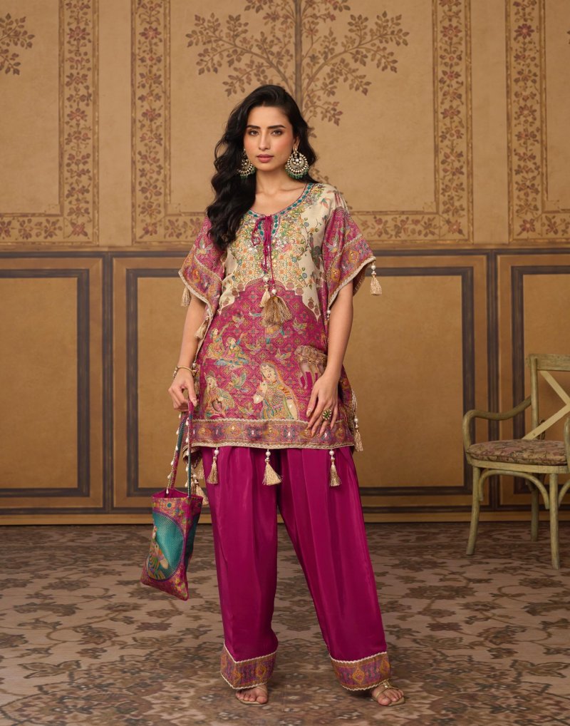 Dori By Sayuri Viscose Position Jacquard Silk Kaftan Top With Bottom
