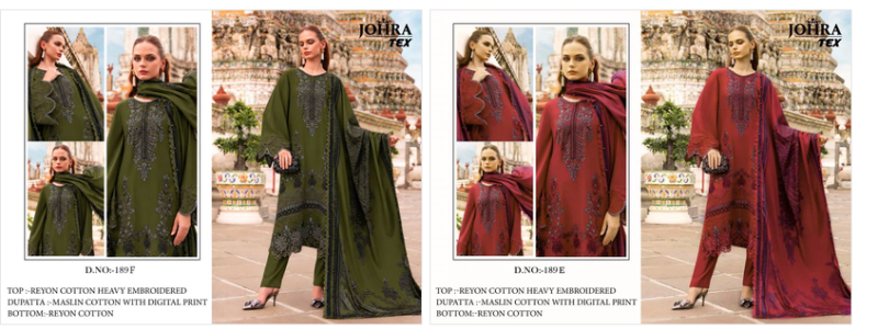 Johra Tex 189 E And F Rayon Cotton Embroidered Dress Material 
