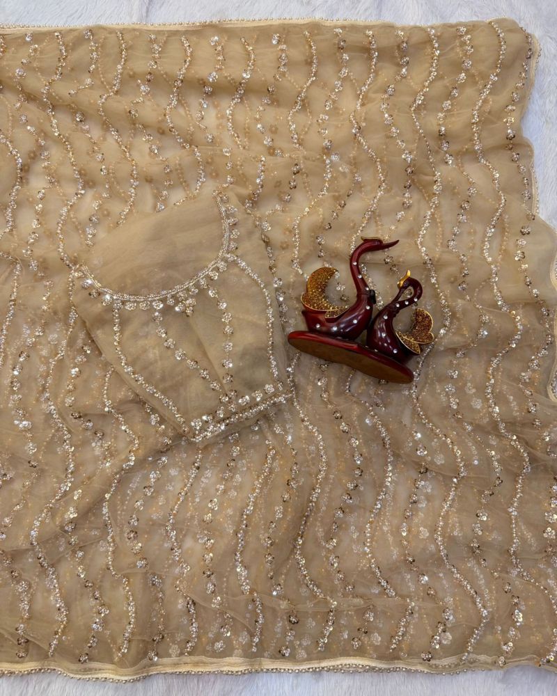 Kc 2156 Soft Net Beads Sequence Worked Saree