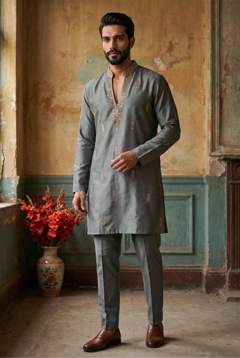 Grey Outluk Wedding Vol 54 Heavy Lachaka Mens Kurta With Pajama 5403