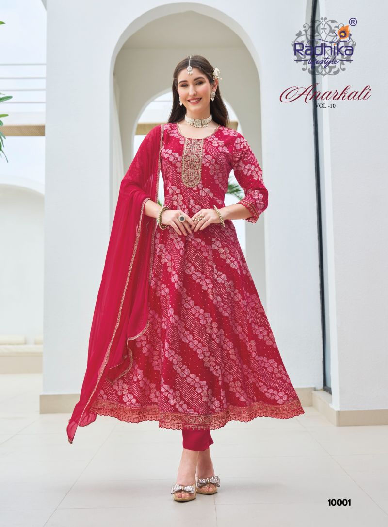 Anarkali Vol 10 By Radhika Rayon With Foil Printed Anarkali Kurti Set