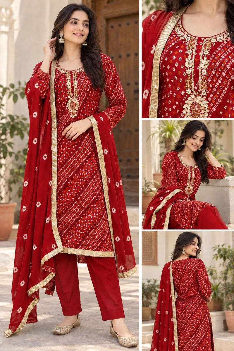 Festival Vol 1 Bandhej Rayon Kurti With Bottom Dupatta