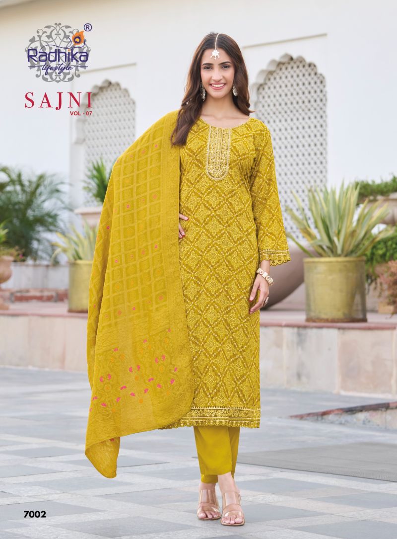 Sajni Vol 7 By Radhika Rayon Printed Kurti With Bottom Dupatta