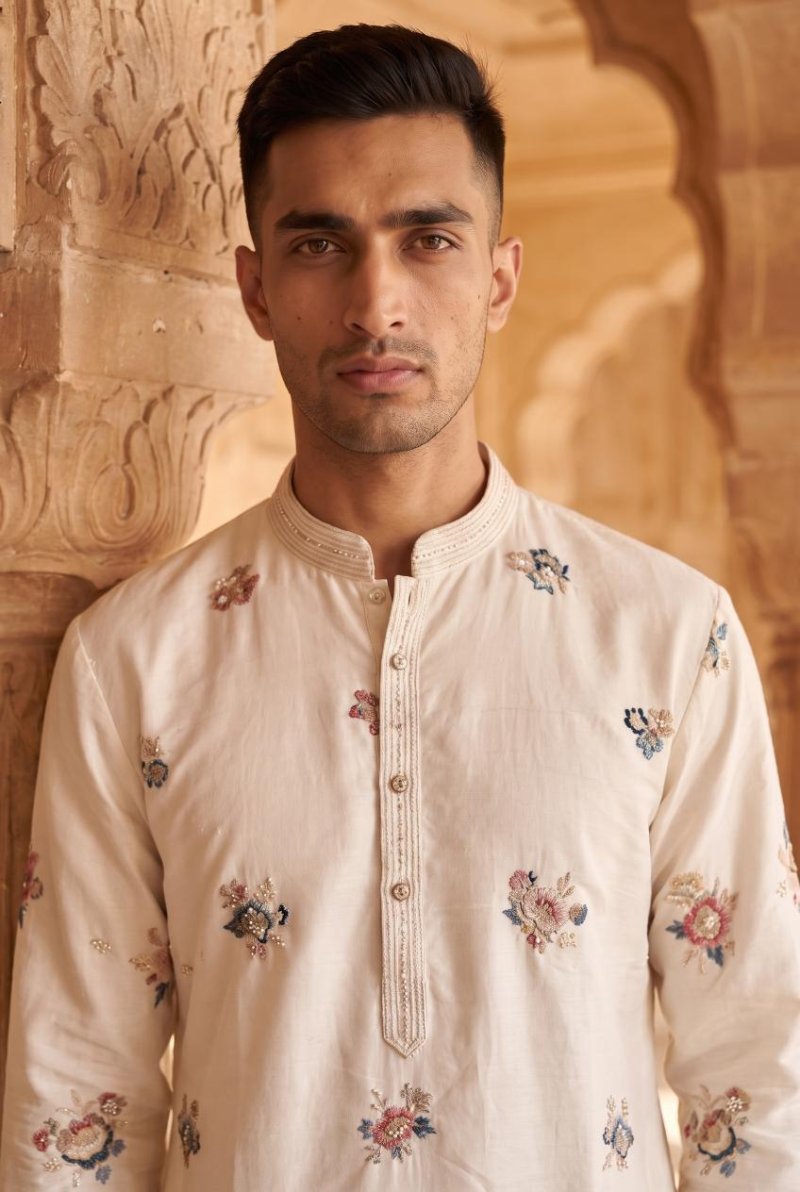 Cream Outluk Wedding Vol 55 Lachaka Silk Mens Kurta With Pajama 5501