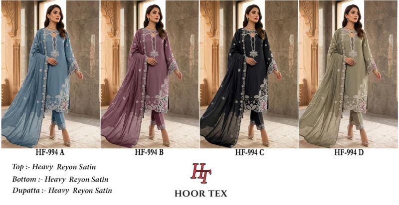 Hoor Tex 994 A To D Rayon Satin Embroidered Salwar Kameez