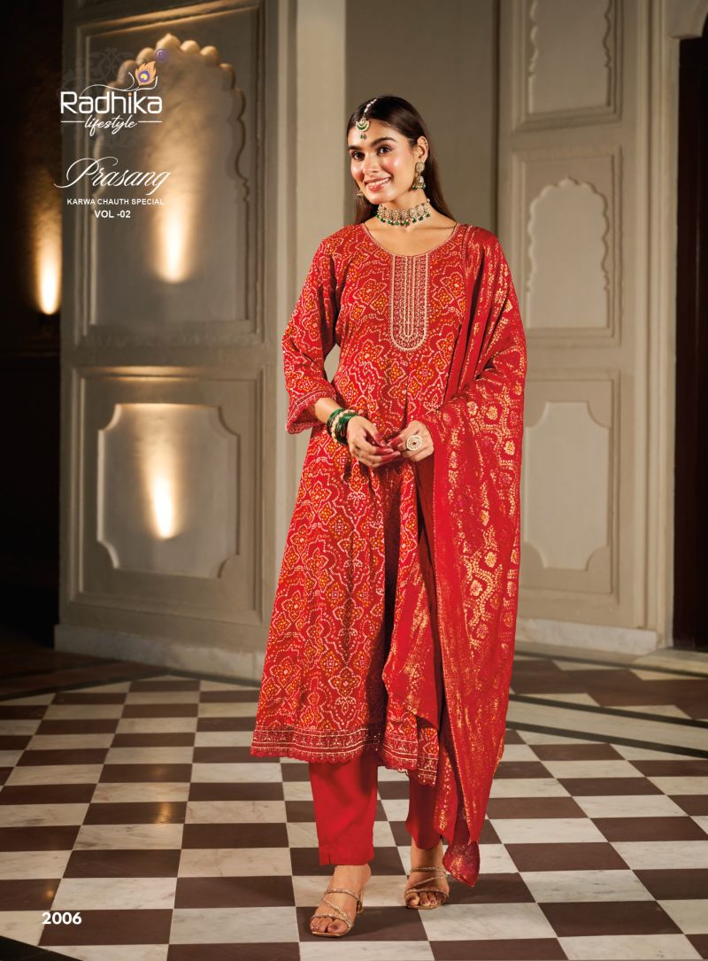 Prasang Vol 2 By Radhika Rayon Karwa Chouth Special Kurti With Bottom Dupatta 