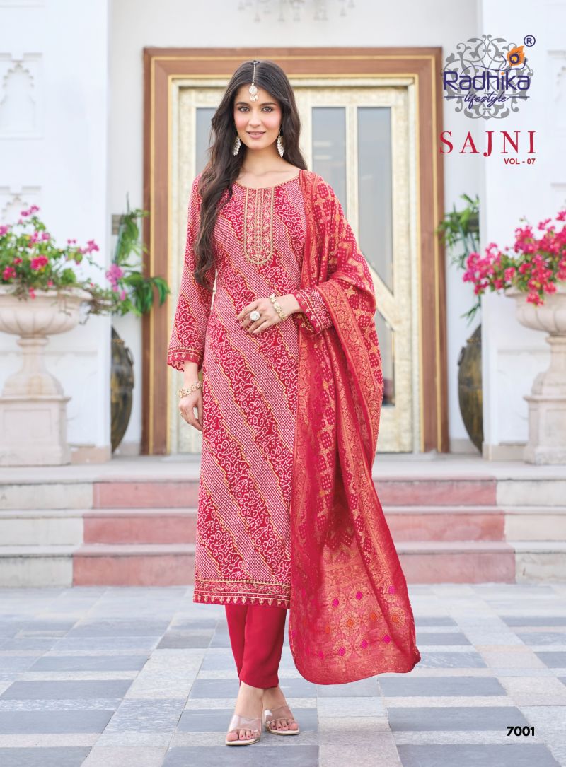 Sajni Vol 7 By Radhika Rayon Printed Kurti With Bottom Dupatta