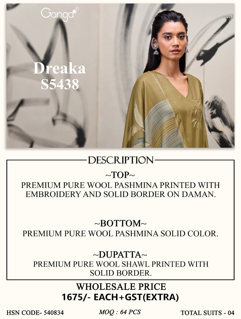 Dreaka 5438 By Ganga Wool Pashmina Dress Materials