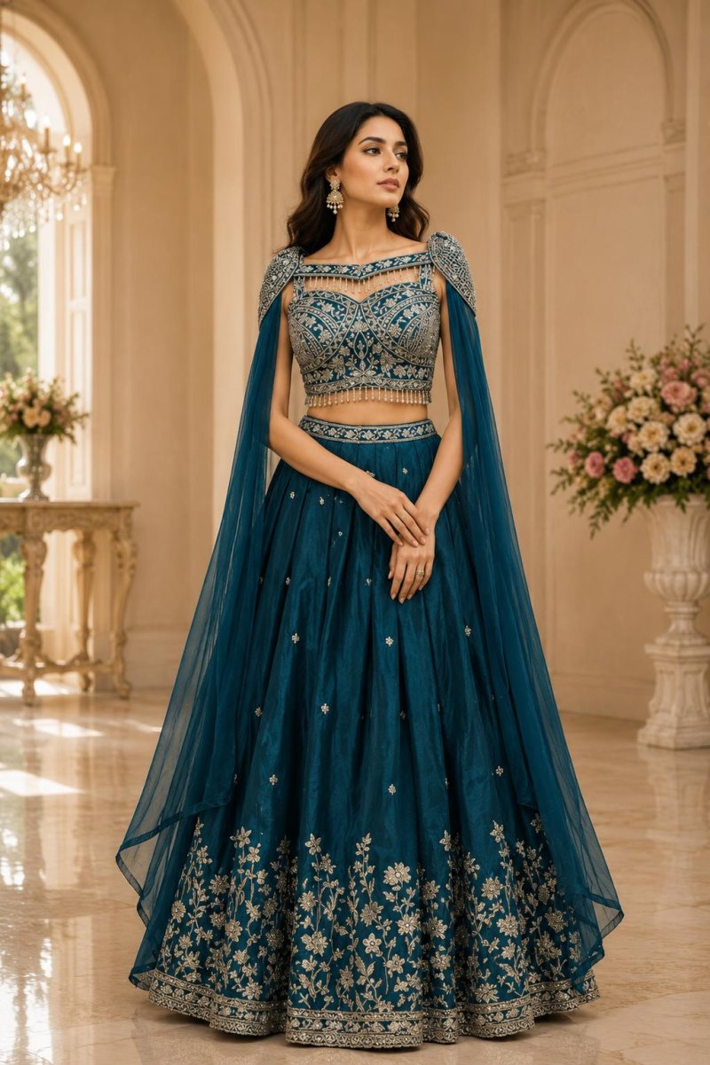 A539 Nc Satin Beads Work Indo Western Lehenga