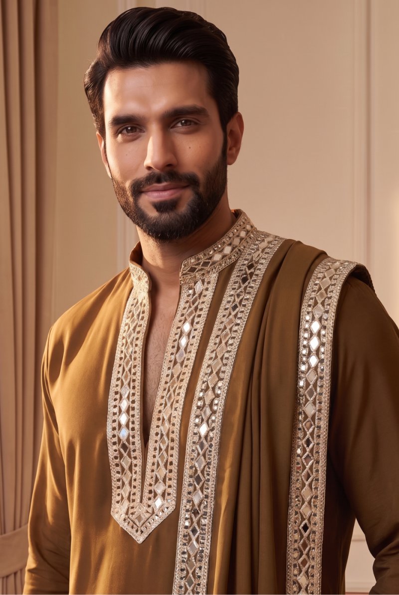 Mustard Outluk Wedding Vol 53 Heavy Lachaka Mens Kurta Pajama With Dupatta W5301