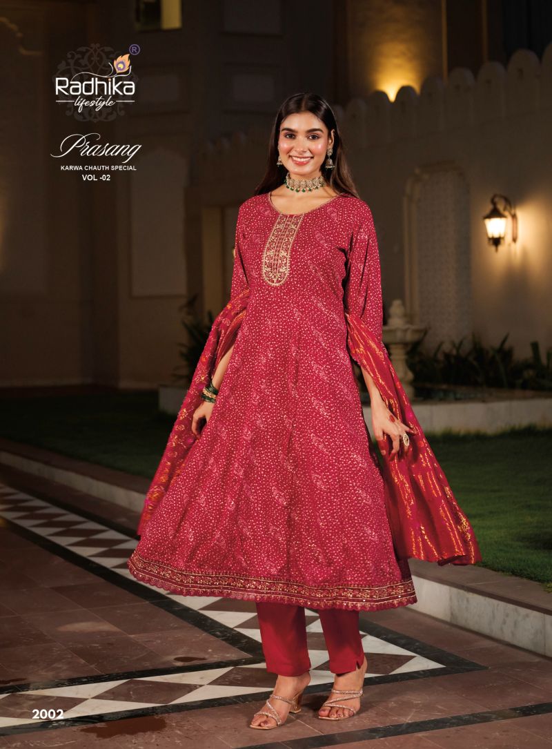 Prasang Vol 2 By Radhika Rayon Karwa Chouth Special Kurti With Bottom Dupatta 