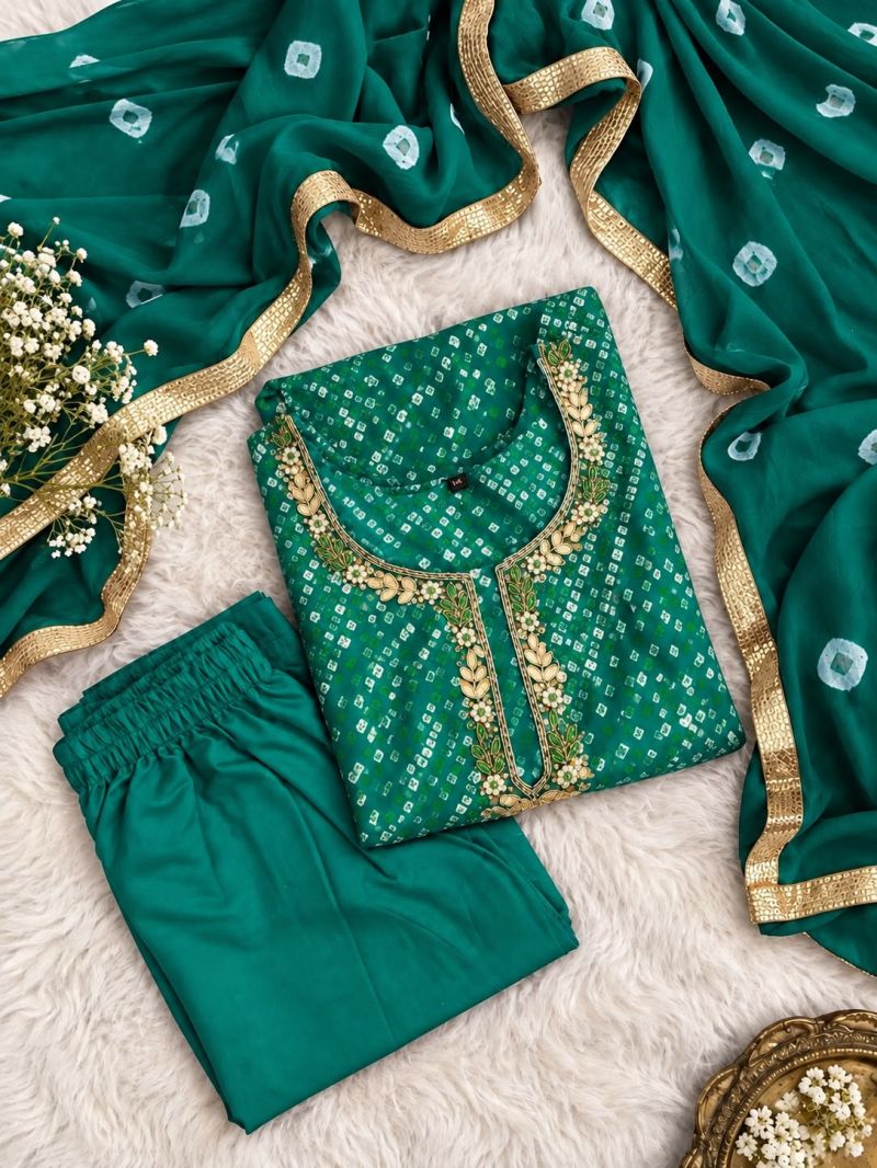 Festival Vol 1 Bandhej Rayon Kurti With Bottom Dupatta