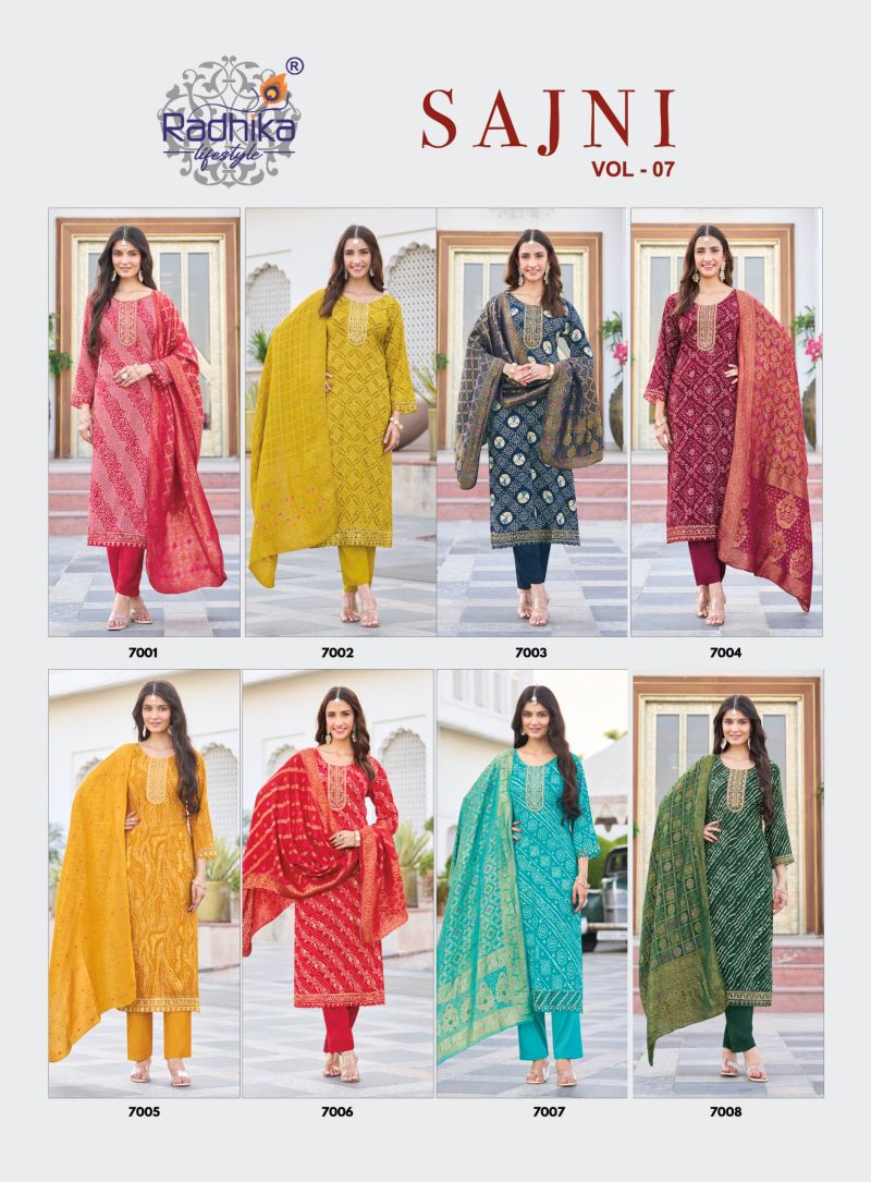 Sajni Vol 7 By Radhika Rayon Printed Kurti With Bottom Dupatta