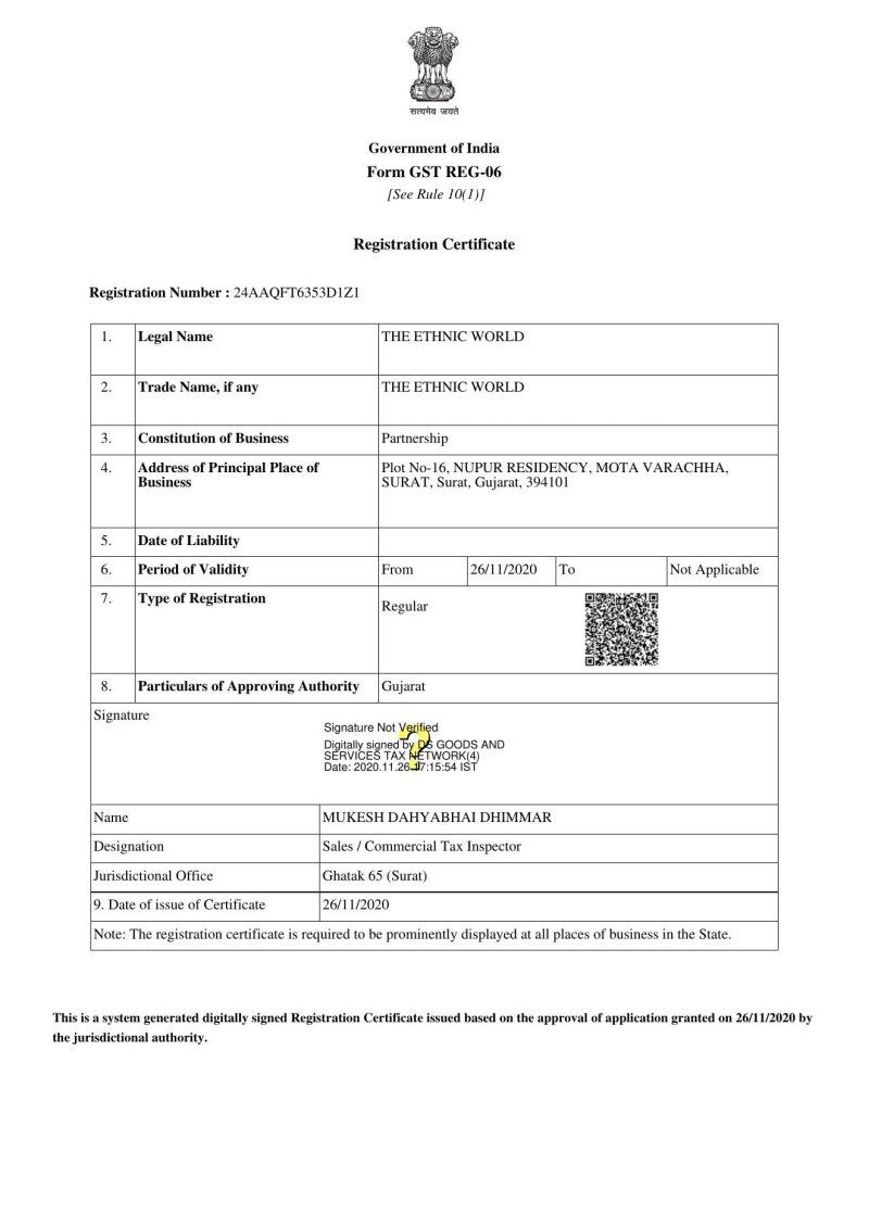 TheEthnicWorld GST Registration Certificate