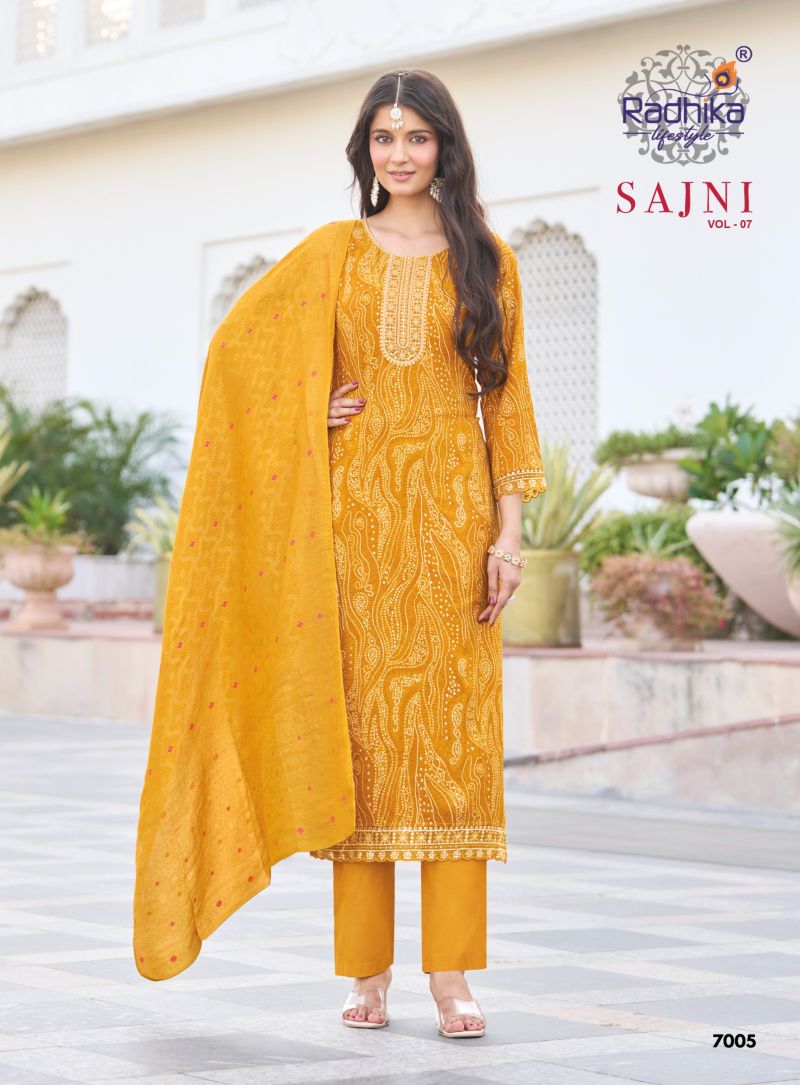 Sajni Vol 7 By Radhika Rayon Printed Kurti With Bottom Dupatta