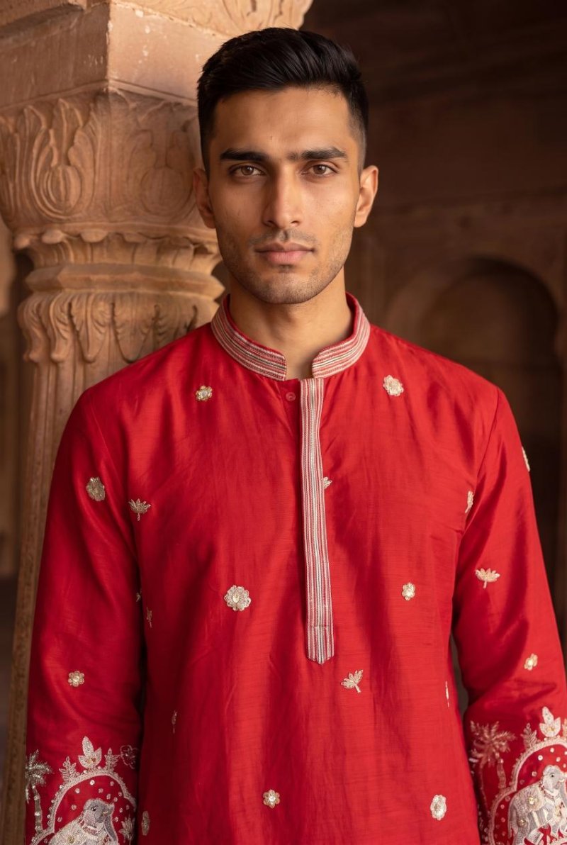 Red Outluk Wedding Vol 54 Heavy Lachaka Mens Kurta With Pajama 5410