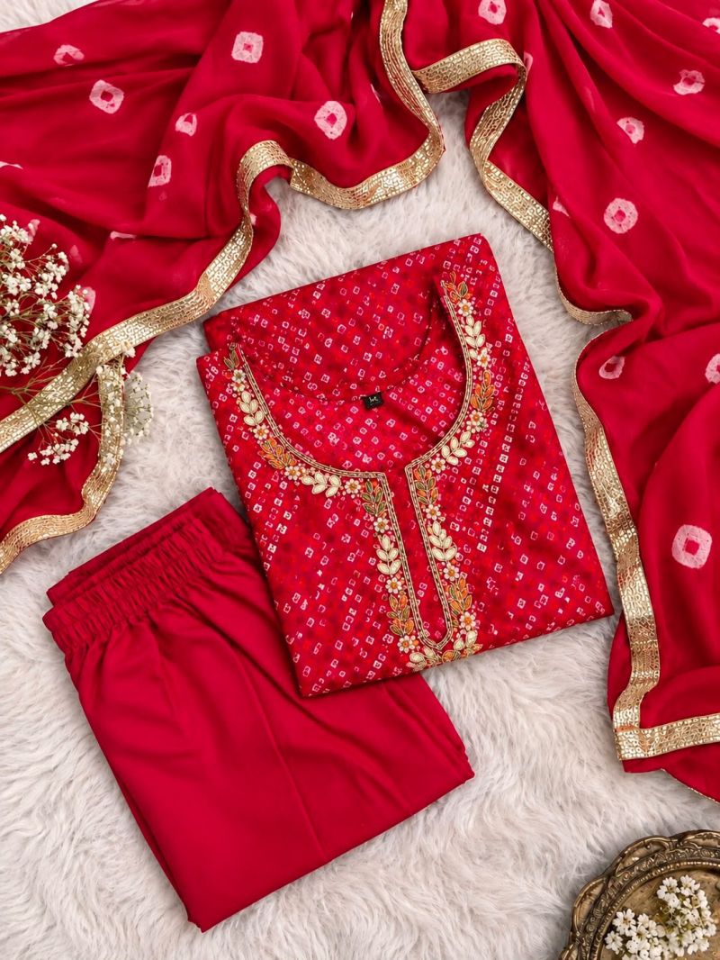 Festival Vol 1 Bandhej Rayon Kurti With Bottom Dupatta