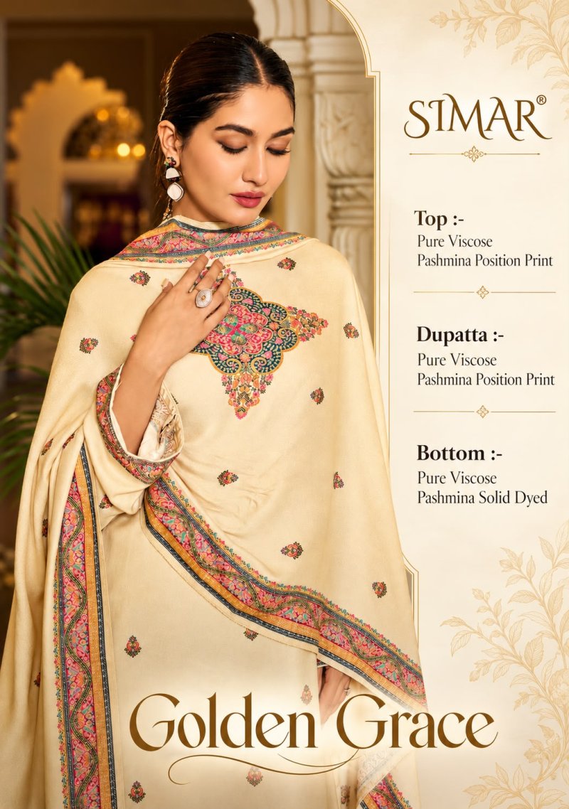 Golden Grace By Glossy Simar Viscose Pashmina Dress Materials 