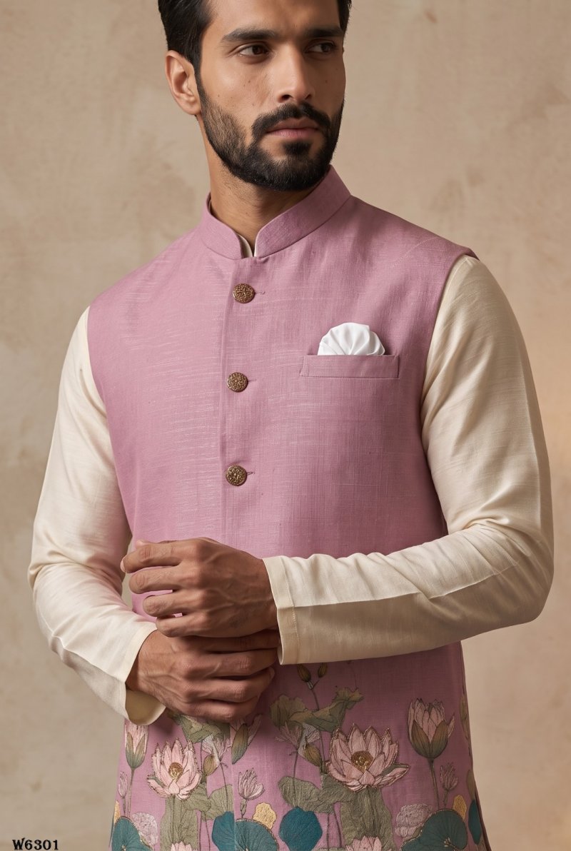 Yellow Outluk Wedding Vol 63 Linen Modi Jacket Kurta Pajama