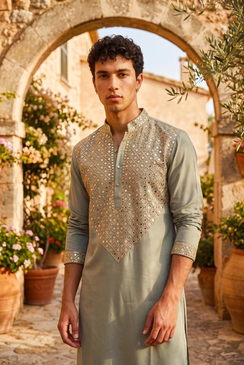 Light Green Outluk Wedding Vol 54 Heavy Lachaka Mens Kurta With Pajama 5409