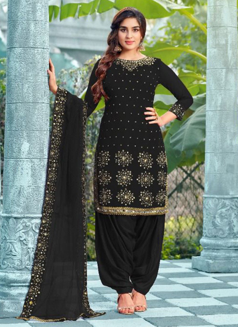 chinese dress ladies Women's Brown Embroidered Jacquard Semi Stitched Patiyala Suit – Trendia