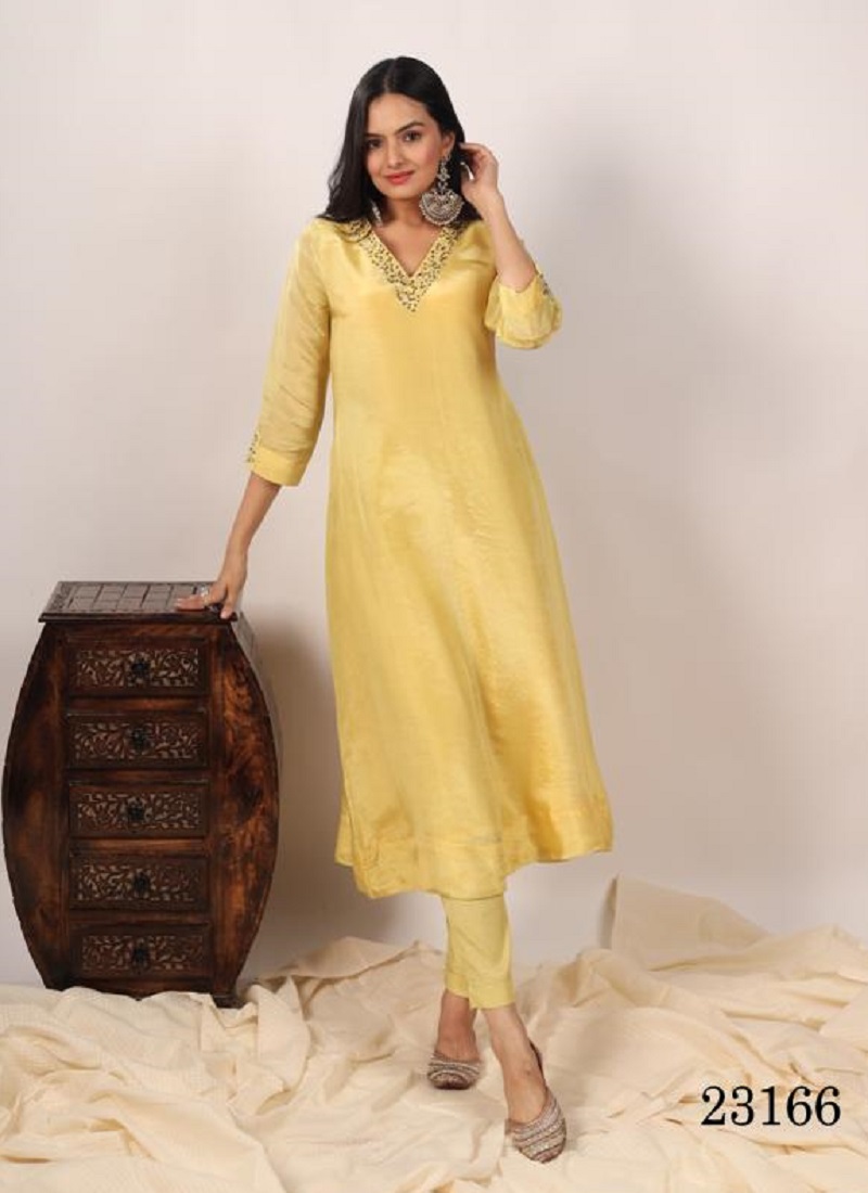 Silkfab Women's Banarasi Silk Mustard Solid Kurti Pant Set – SILKFAB