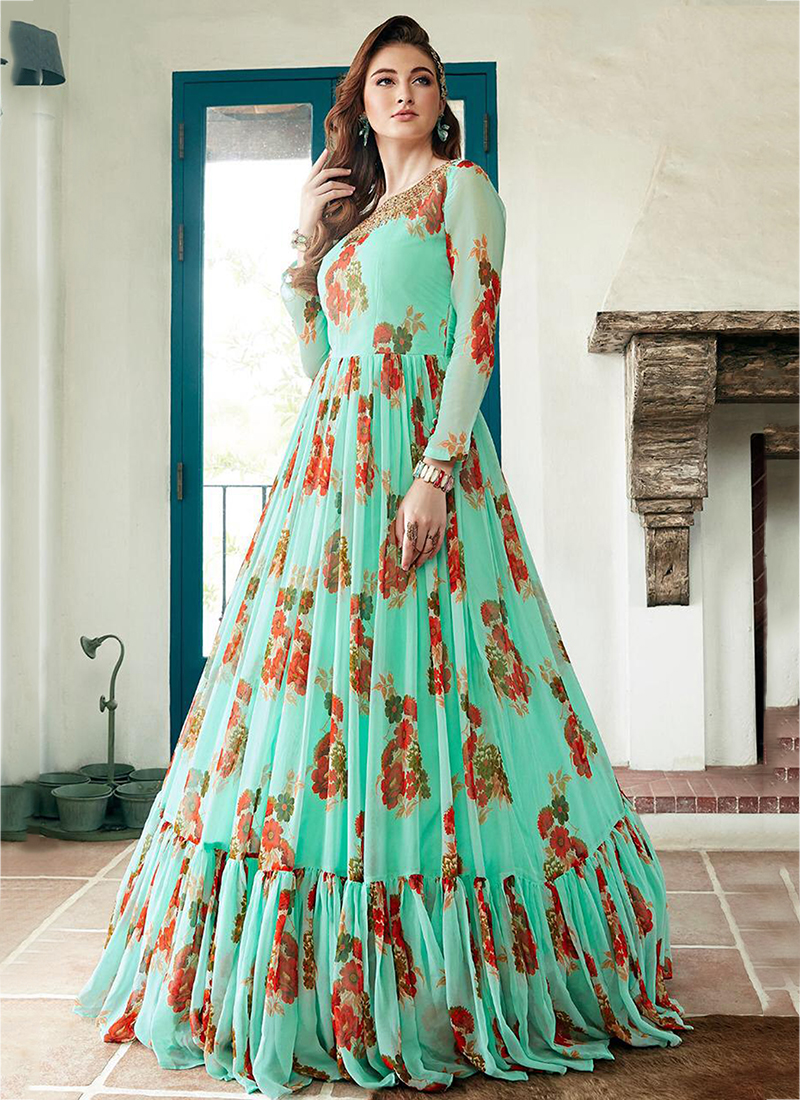 Buy Blue Printed Gown With Butterfly Cape Online | Gowns – www.liandli.in